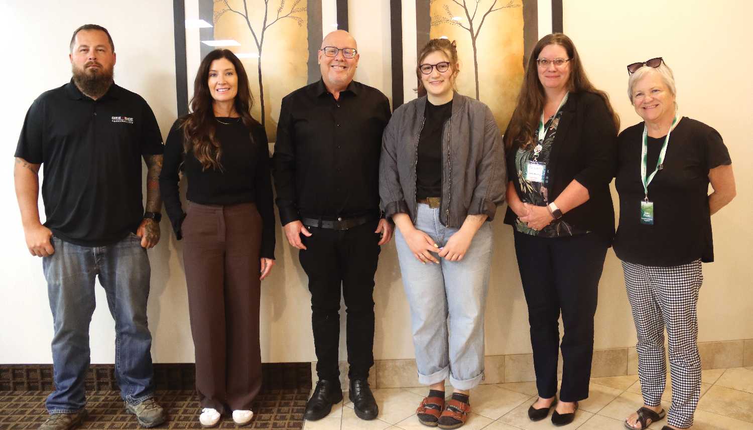 From left Mathew Bonville and Shelley Batters with Gee Bee Construction, Moosomin Chamber of Commerce President Kevin Weedmark, Cara Grant with Trends Mercantile, and Lynda Rideout and Edna Franks with Envision Counsellingall new businesses that were introduced at the Chamber meeting Tuesday.